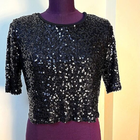 Material Girl Black Sequin Crop Blouse - Picture 1 of 8